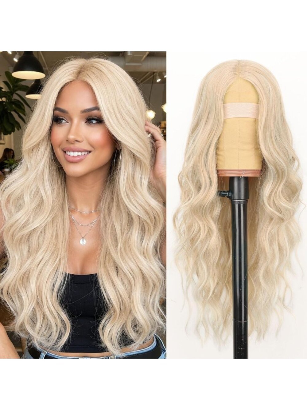 Women's Platinum Blonde Lace Hairline 26 Inch Synthetic Heat Resistant Wavy Wigs